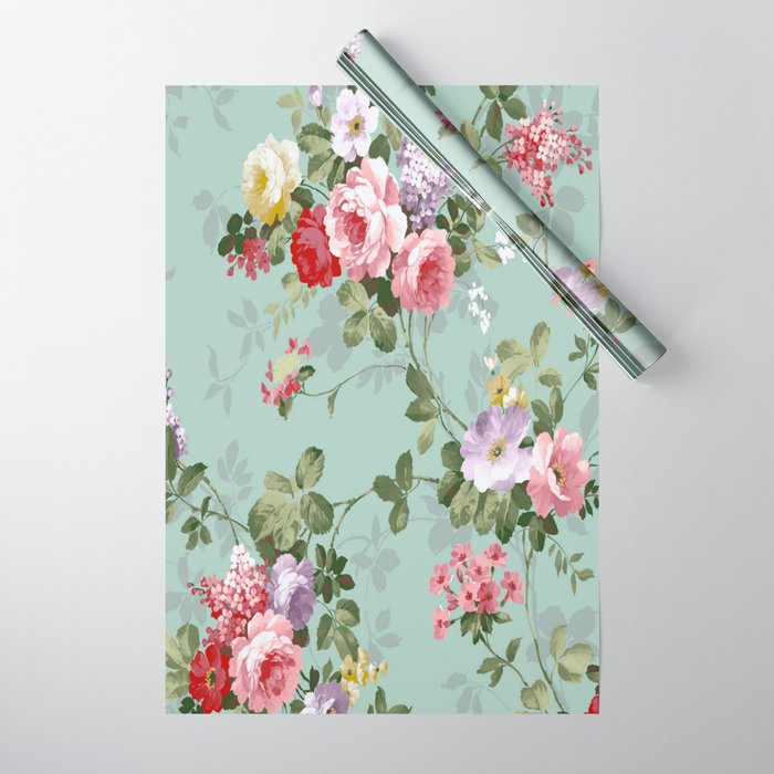 Elegant chic pink green roses flowers pattern Wrapping Paper by Pink Water