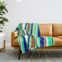 [ Thumbnail: Eye-catching Light Green, Sienna, Mint Cream, Green, and Blue Colored Stripes/Lines Pattern Throw Blanket ]