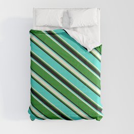 [ Thumbnail: Turquoise, Beige, Forest Green, and Black Colored Lined Pattern Comforter ]