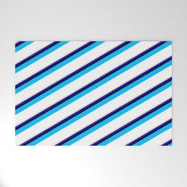[ Thumbnail: Vibrant Tan, Blue, Black, Deep Sky Blue, and White Colored Striped/Lined Pattern Welcome Mat ]