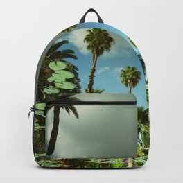 Yves Palm Tress reflection on pond with Lily Pads Backpack