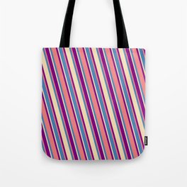 [ Thumbnail: Blue, Tan, Purple & Light Coral Colored Pattern of Stripes Tote Bag ]