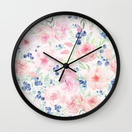 Midsummer Watercolor Roses And Blueberries  Wall Clock