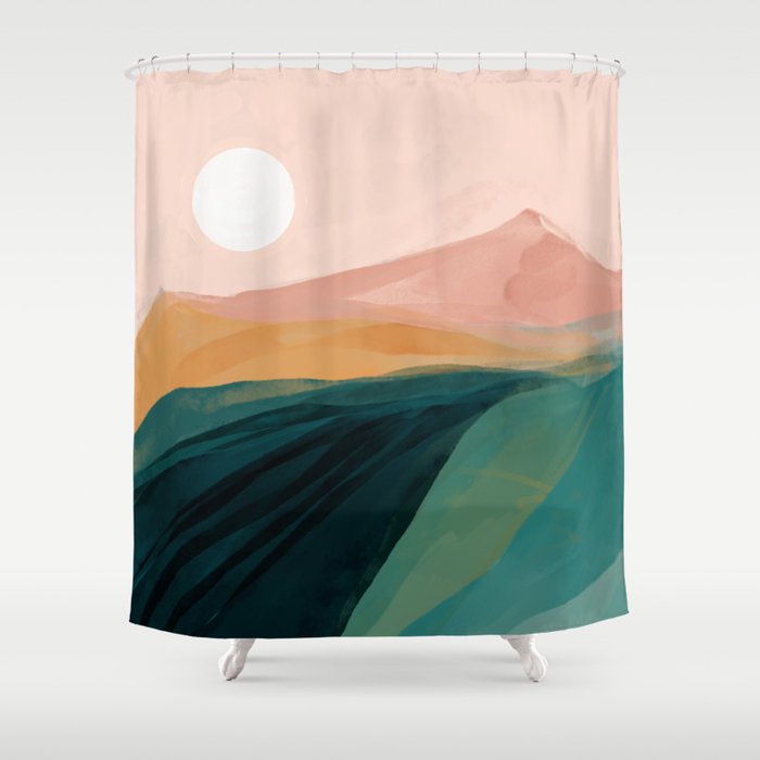 pink, green, gold moon watercolor mountains Shower Curtain