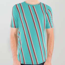 [ Thumbnail: Turquoise, Light Grey & Red Colored Lines/Stripes Pattern All Over Graphic Tee ]