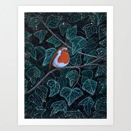 Robin in Hoarfrost Ivy Art Print
