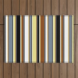 [ Thumbnail: Eyecatching Light Slate Gray, Brown, Tan, White & Black Colored Lines/Stripes Pattern Outdoor Rug ]