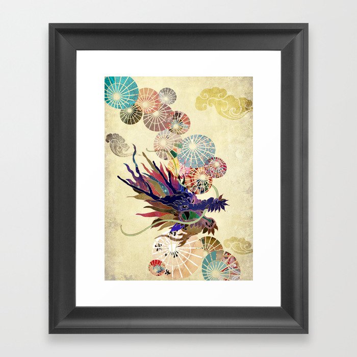 Dragon with unbrellas Framed Art Print