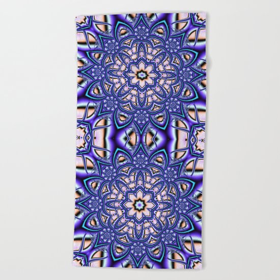 Kaleidoscope flower in purple, pink, blue and salmon. Beach Towel