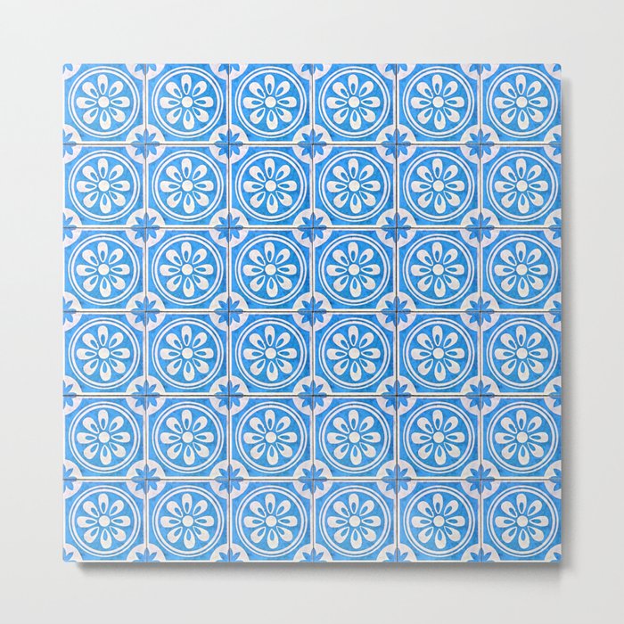 Azure Floral Decorative Pattern of Mosaic Tiles Metal Print