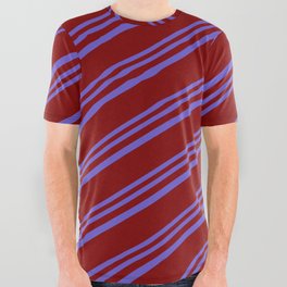 [ Thumbnail: Slate Blue and Maroon Colored Lines Pattern All Over Graphic Tee ]