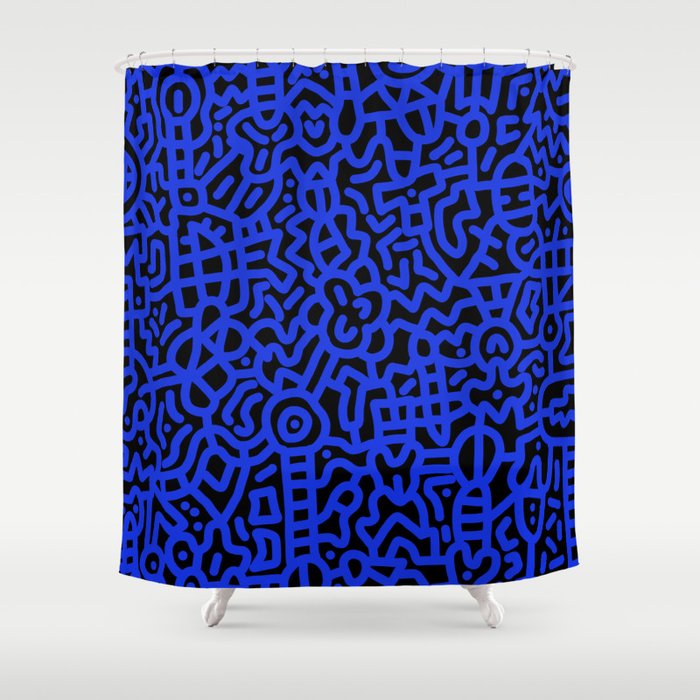 Cobalt Blue on Black Doodles Shower Curtain