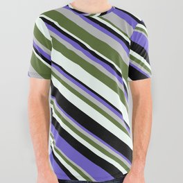 [ Thumbnail: Slate Blue, Grey, Dark Olive Green, Mint Cream, and Black Colored Stripes Pattern All Over Graphic Tee ]