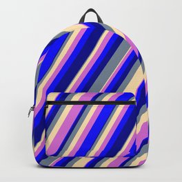 [ Thumbnail: Light Slate Gray, Beige, Orchid, Blue & Dark Blue Colored Striped Pattern Backpack ]