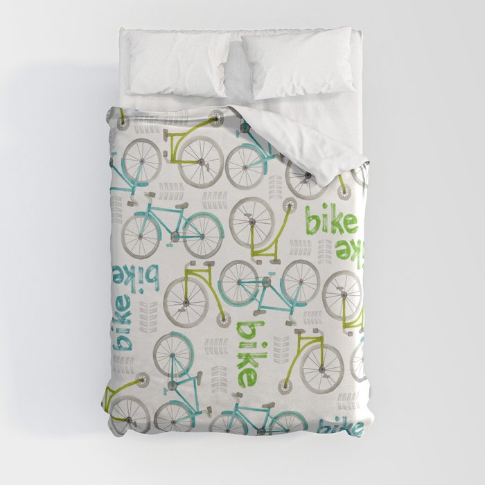 Watercolor Blue and Green Bikes Duvet Cover