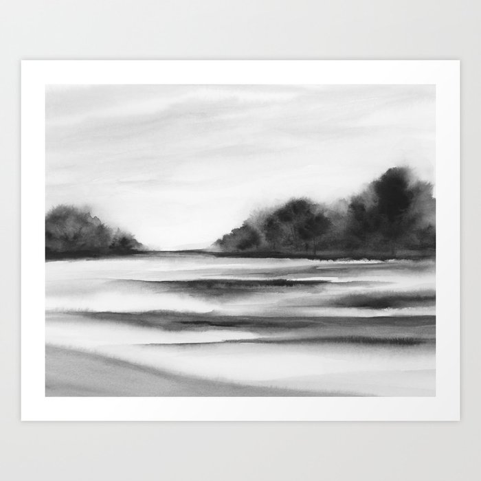 Rivers Tide II - Black and White Wall Art, Riverscape Watercolor Painting, Abstract Nature Art Art Print