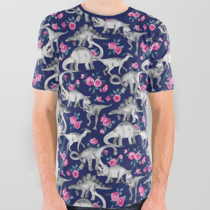 Dinosaurs and Roses on Dark Blue Purple All Over Graphic Tee