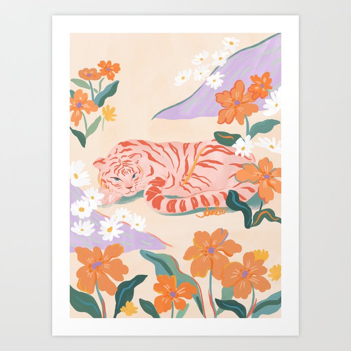 Pink Tiger in Wild Garden  Art Print