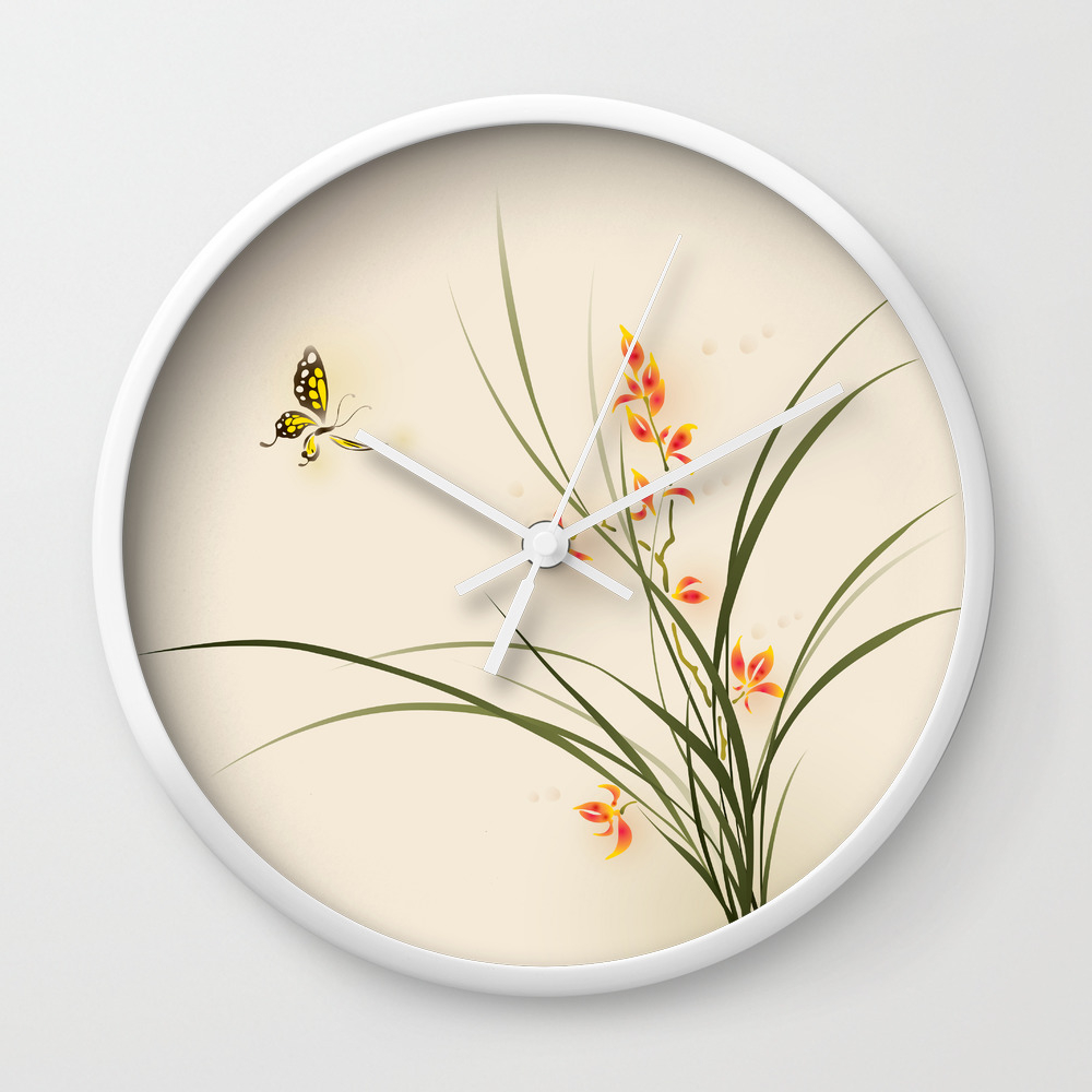 Oriental Style Painting Orchid Flowers And Butterfly 003 Wall Clock By Oriartiste Society6