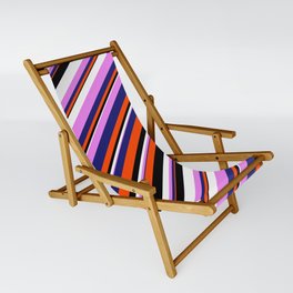 [ Thumbnail: Eyecatching Violet, Midnight Blue, Red, Black & White Colored Lines/Stripes Pattern Sling Chair ]