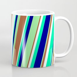[ Thumbnail: Eye-catching Light Green, Sienna, Mint Cream, Green, and Blue Colored Stripes/Lines Pattern Coffee Mug ]