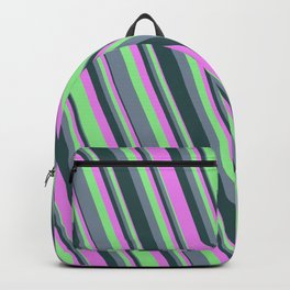 [ Thumbnail: Violet, Light Green, Light Slate Gray, and Dark Slate Gray Colored Lined Pattern Backpack ]
