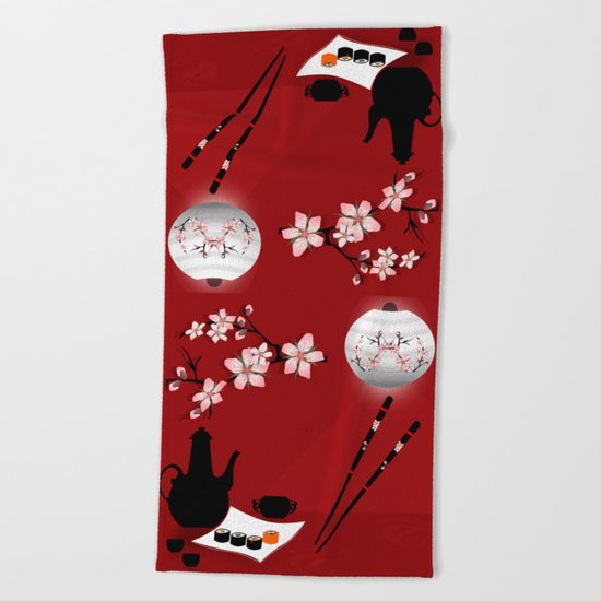 Oriental cuisine . Sushi and rolls . Beach Towel