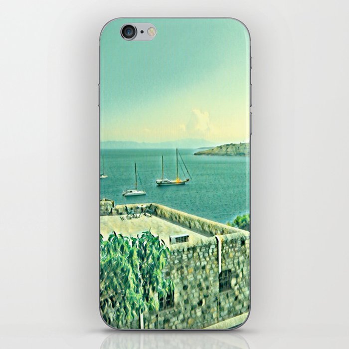 Retro turquoise blue sky over the turkish Harbor Bodrum Castle sea view iPhone Skin