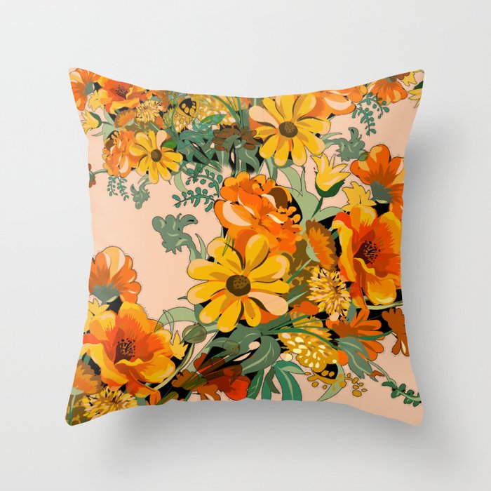 70s Pastel Floral on pink blush Boho Throw Pillow by ChrissyInk