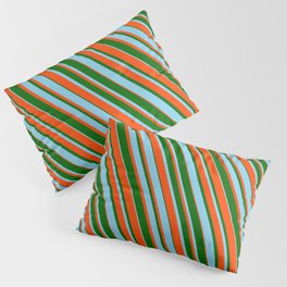 [ Thumbnail: Dark Green, Sky Blue, and Red Colored Striped Pattern Pillow Sham ]
