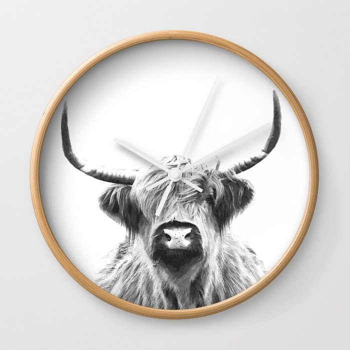 Black and White Highland Cow Portrait Wall Clock