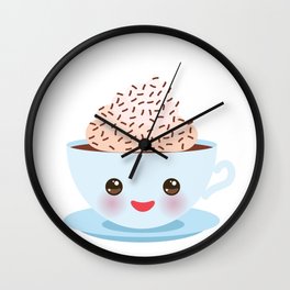 Cute blue Kawai cup, coffee with pink cheeks and winking eyes Wall Clock