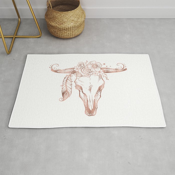 Rose Gold Bull Skull with Pink Feather Flowers Rug
