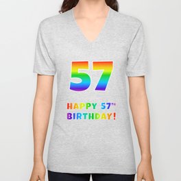 [ Thumbnail: HAPPY 57TH BIRTHDAY - Multicolored Rainbow Spectrum Gradient V Neck T Shirt V-Neck T-Shirt ]
