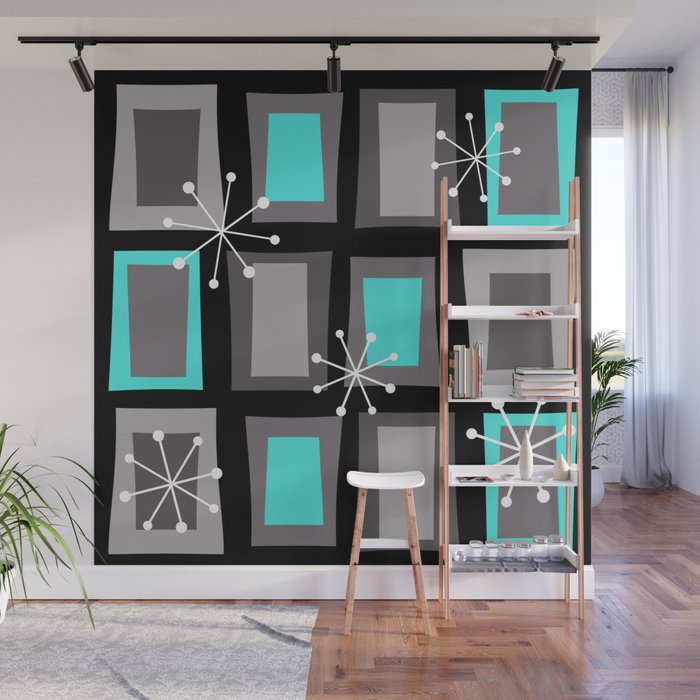 Mid Century Modern Art Wonky Doors Turquoise Black Wall Mural By