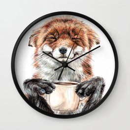 " Morning fox " Red fox with her morning coffee Wall Clock