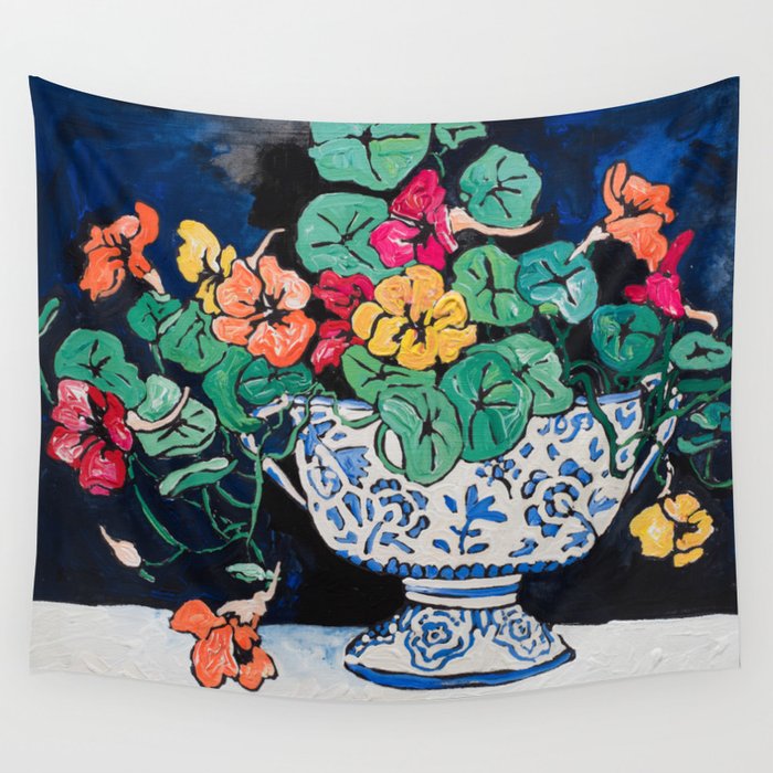Nasturtium Bouquet in Chinoiserie Bowl on Dark Blue Floral Still Life Painting Wall Tapestry