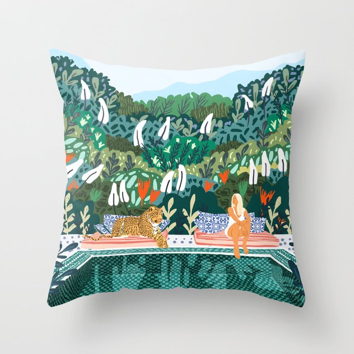Chilling by the pool with my leopard Tropical Jungle Nature Wildlife Bohemian Morocco Travel Throw Pillow
