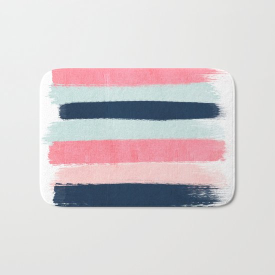 Striped painted coral mint navy pink pattern stripes minimalist Bath Mat