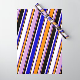 [ Thumbnail: Eye-catching Plum, Blue, Dark Orange, Black & White Colored Stripes/Lines Pattern Wrapping Paper ]