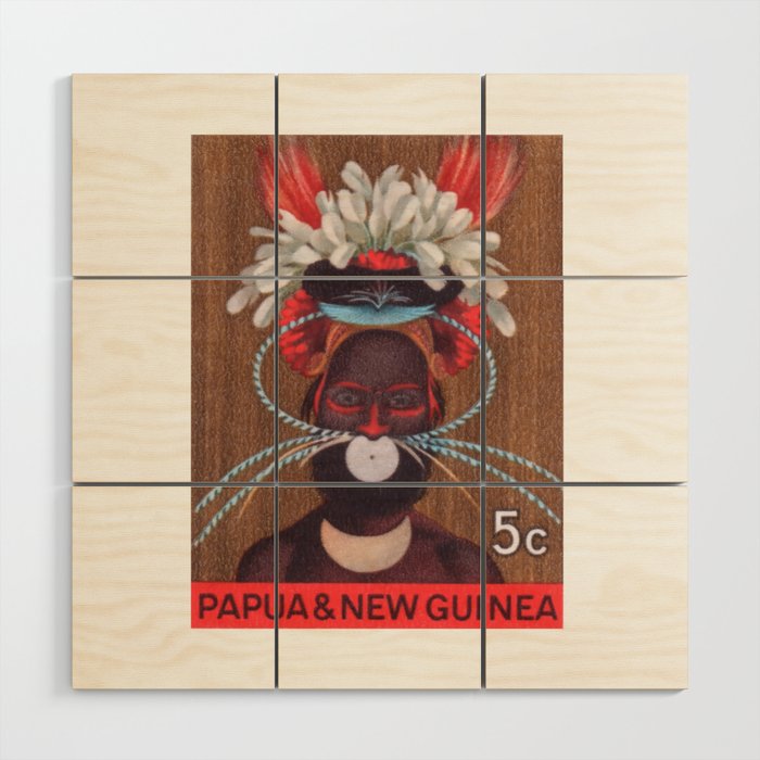 1968 Papua New Guinea Headress 5c Postage Stamp Wood Wall Art