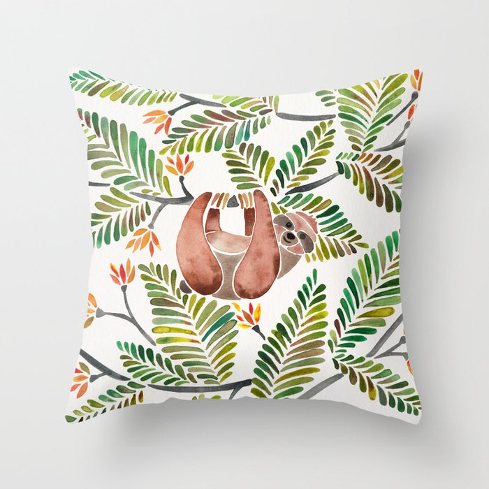Happy Sloth – Tropical Green Rainforest Throw Pillow