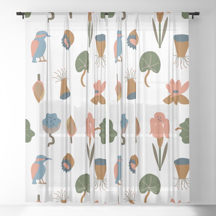 Vector illustration with flowers, leaves and kingfisher Sheer Curtain