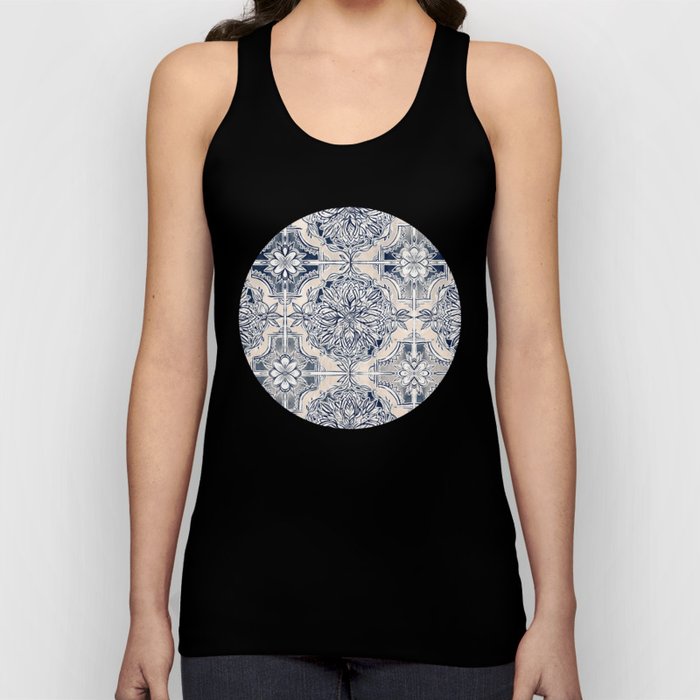 Brush and Ink Watercolor Pattern in Indigo and Cream Tank Top