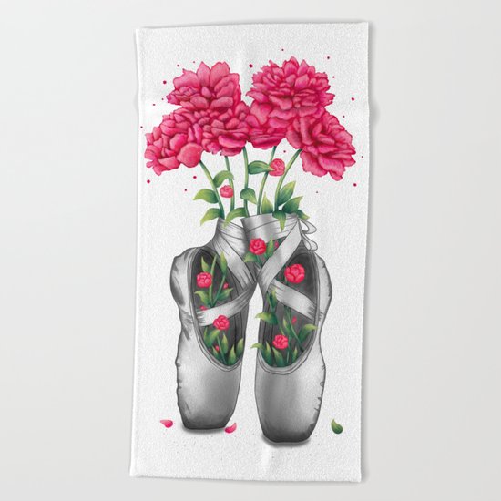 Pointe with pink peonies Beach Towel