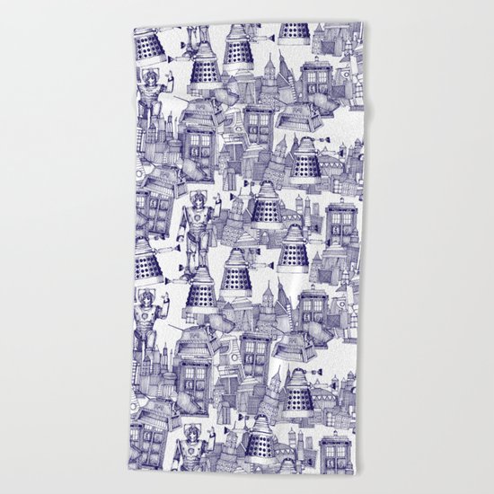 Doctor Who Toile de Jouy | 'Walking Doodle' | Blue Beach Towel