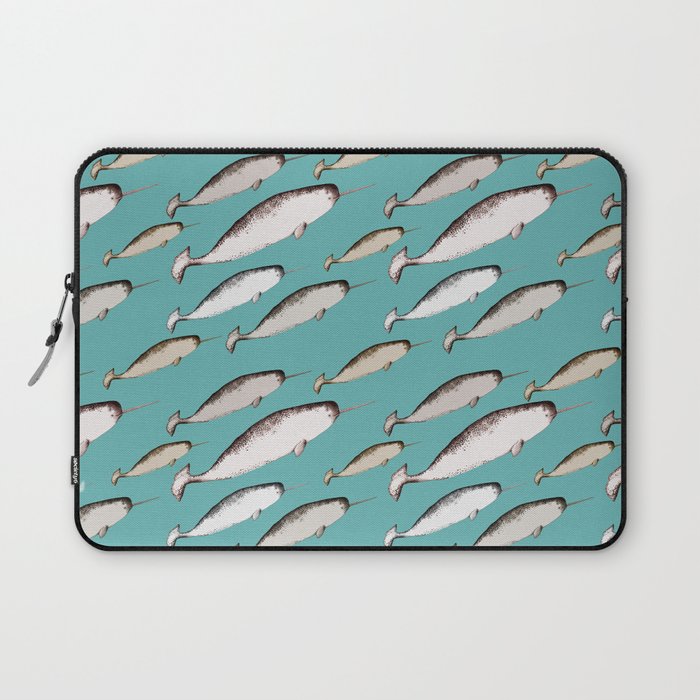 Narwhals - Narwhal Whale Pattern Watercolor Illustration Teal Blue Laptop Sleeve