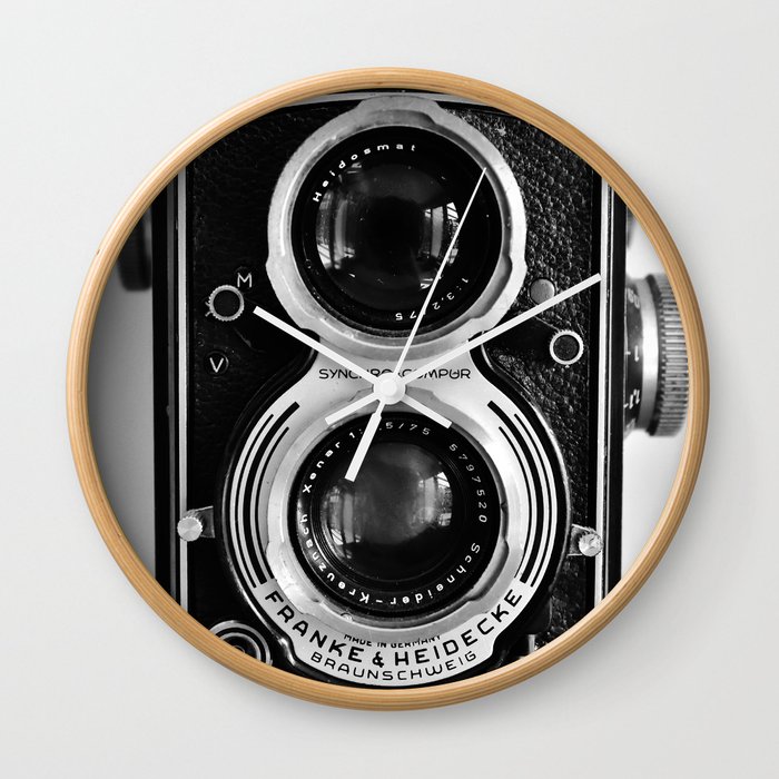 Vintage photograph camera art print- black and white retro rolleicord - film photography Wall Clock