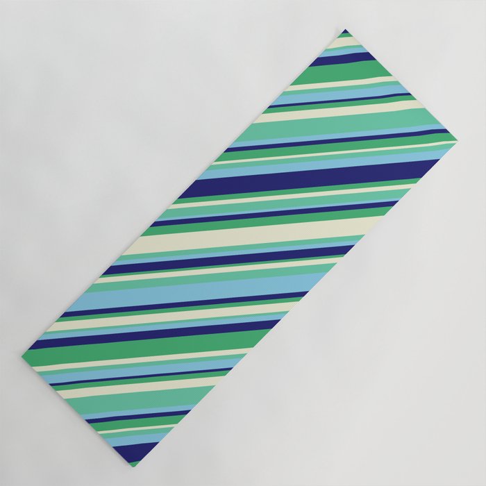 Eyecatching Aquamarine, Sky Blue, Midnight Blue, Sea Green & Beige Colored Striped/Lined Pattern Yoga Mat