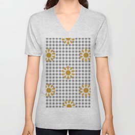 Gray Beige Colored Checker Board Effect Grid Illustration with Yellow Mustard Daisy Flowers V Neck T Shirt